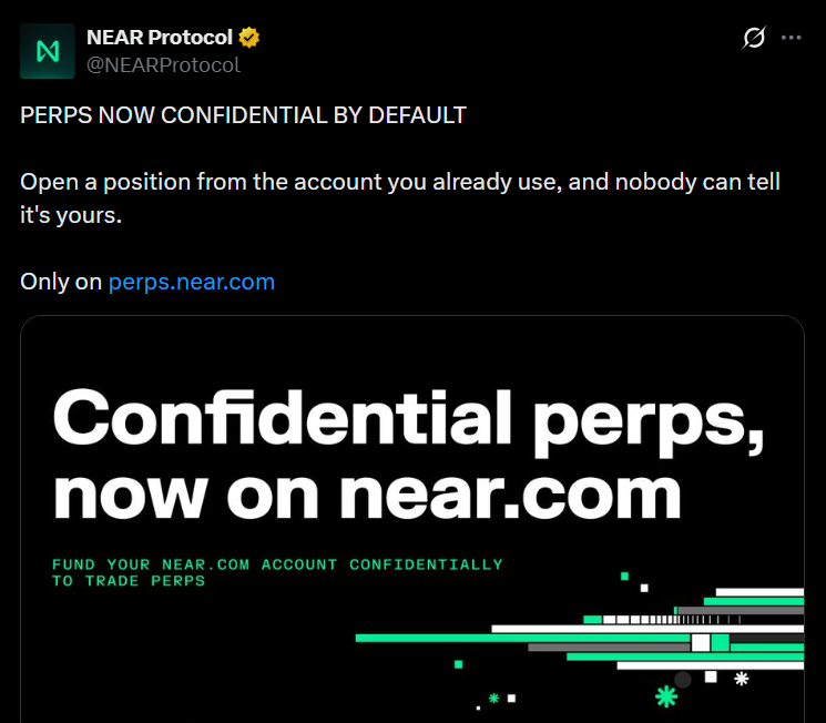 Official NEAR Protocol announcement describing confidential perpetuals on X.com